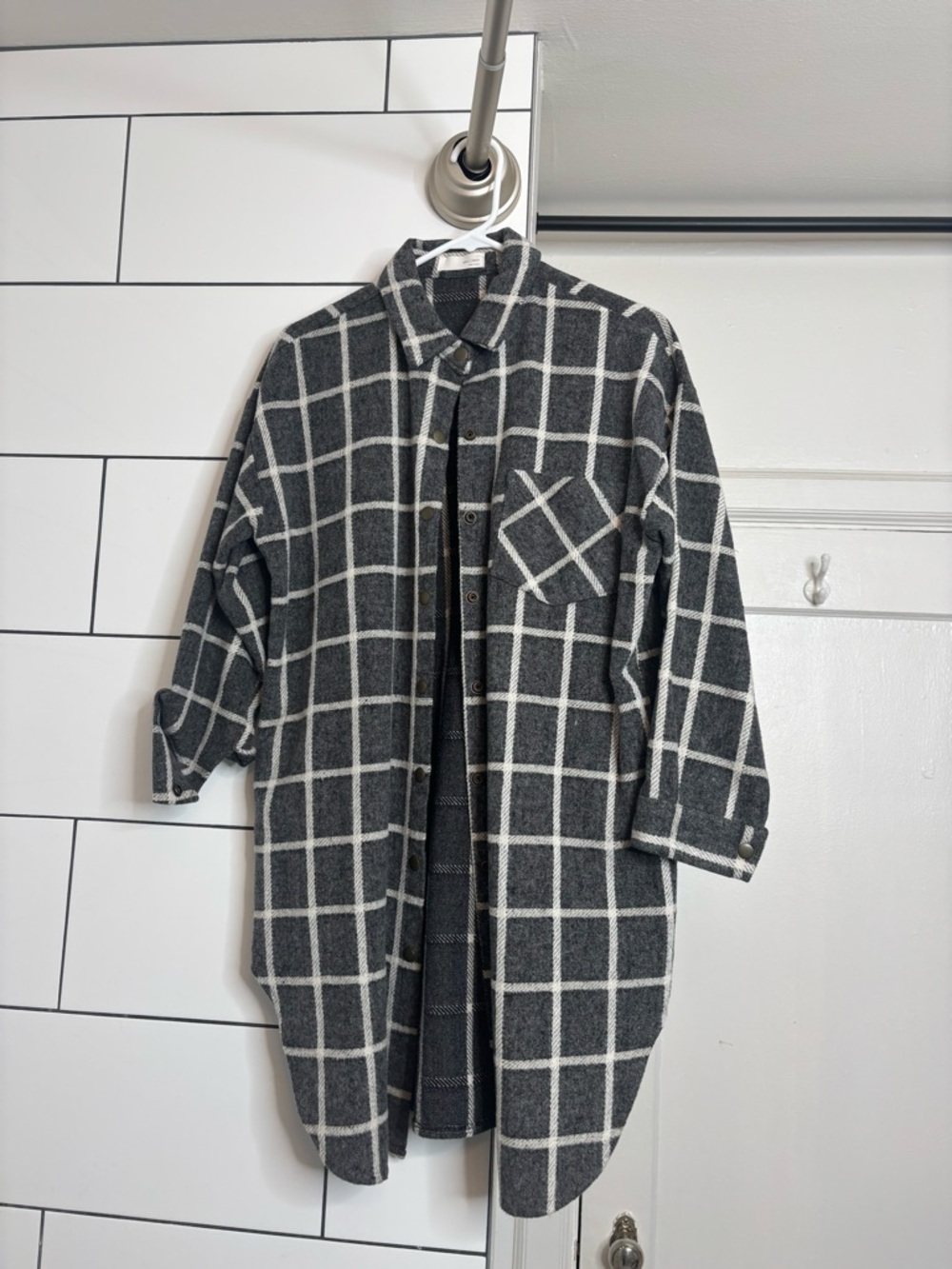 Women’s Charcoal Gray Extra Long Windowpane Coat Shirt Jacket